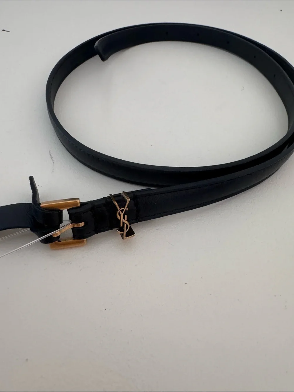 Saint Laurent Black Leather Logo Skinny Belt with Gold Hardware